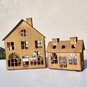 NEW Set of 2 Metal Decorative House Houses Bronze Tabletop Candle Fairy Lights